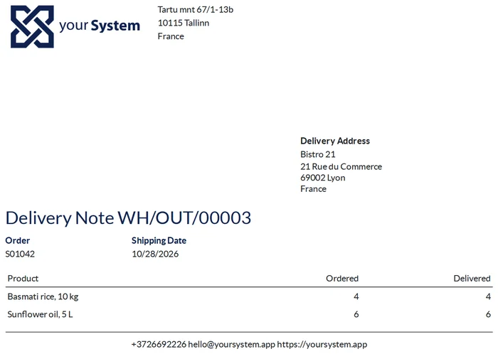 A real delivery slip: the trade customer, the delivery address and the quantities delivered.